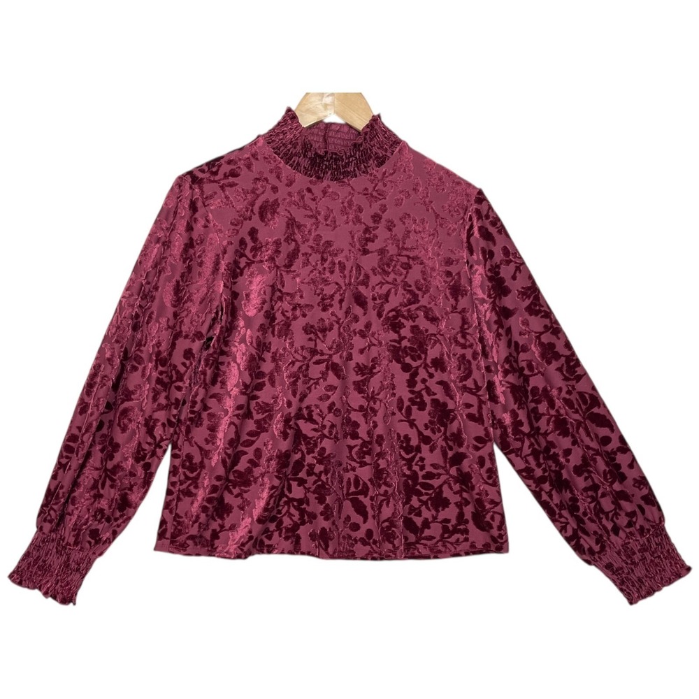 Burnout Top Women size L Burgundy Floral Smocked Neck Cuff Dark Fairy Whimsigoth